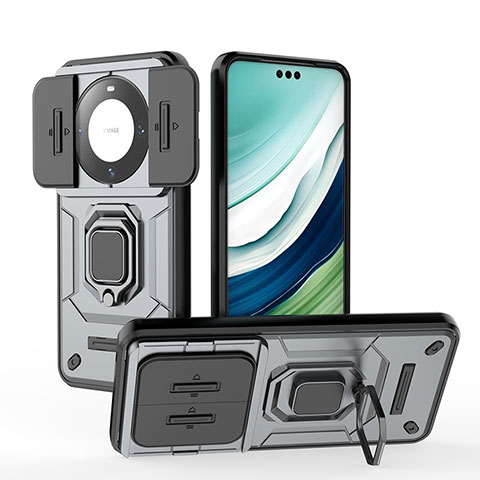 Funda Bumper Silicona y Plastico Mate Carcasa con Magnetico Anillo de dedo Soporte K3C para Huawei Mate 60 Pro Gris