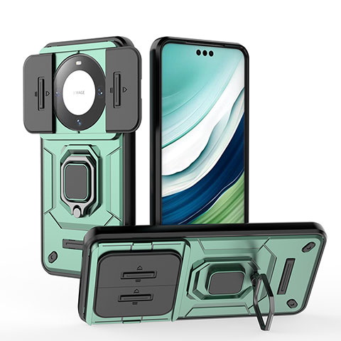 Funda Bumper Silicona y Plastico Mate Carcasa con Magnetico Anillo de dedo Soporte K3C para Huawei Mate 60 Pro Verde