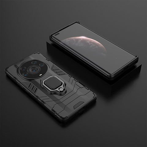 Funda Bumper Silicona y Plastico Mate Carcasa con Magnetico Anillo de dedo Soporte KC1 para Huawei Honor Magic3 Pro+ Plus 5G Negro