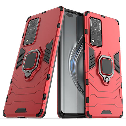 Funda Bumper Silicona y Plastico Mate Carcasa con Magnetico Anillo de dedo Soporte KC1 para Huawei Honor V40 5G Rojo