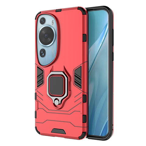 Funda Bumper Silicona y Plastico Mate Carcasa con Magnetico Anillo de dedo Soporte KC1 para Huawei P60 Art Rojo