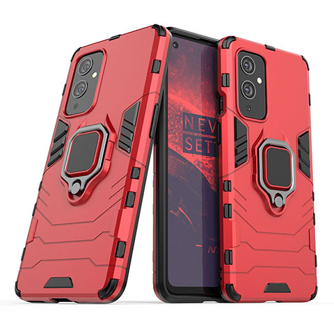 Funda Bumper Silicona y Plastico Mate Carcasa con Magnetico Anillo de dedo Soporte KC1 para OnePlus 9 5G Rojo