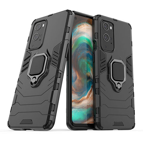 Funda Bumper Silicona y Plastico Mate Carcasa con Magnetico Anillo de dedo Soporte KC1 para OnePlus 9 Pro 5G Negro