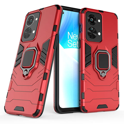 Funda Bumper Silicona y Plastico Mate Carcasa con Magnetico Anillo de dedo Soporte KC1 para OnePlus Nord 2T 5G Rojo