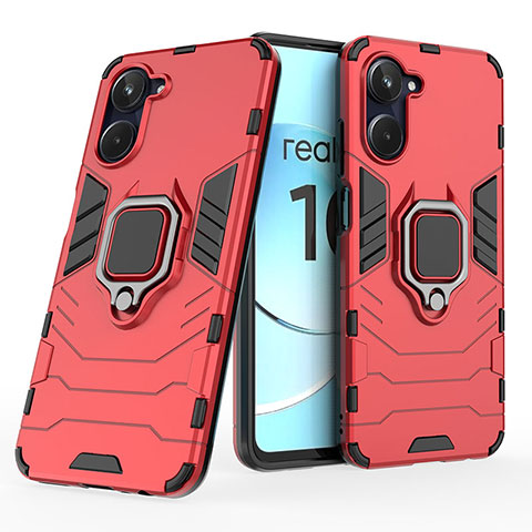 Funda Bumper Silicona y Plastico Mate Carcasa con Magnetico Anillo de dedo Soporte KC1 para Realme 10 4G Rojo