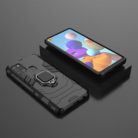 Funda Bumper Silicona y Plastico Mate Carcasa con Magnetico Anillo de dedo Soporte KC1 para Samsung Galaxy A21s Negro