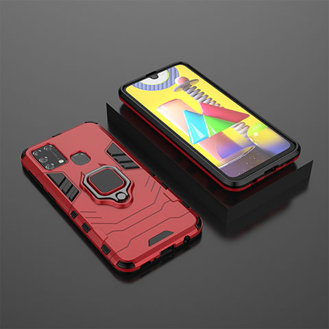 Funda Bumper Silicona y Plastico Mate Carcasa con Magnetico Anillo de dedo Soporte KC1 para Samsung Galaxy M21s Rojo