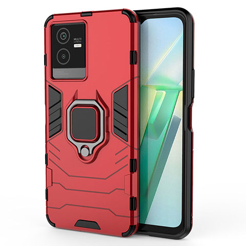 Funda Bumper Silicona y Plastico Mate Carcasa con Magnetico Anillo de dedo Soporte KC1 para Vivo iQOO Z6x Rojo