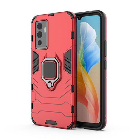 Funda Bumper Silicona y Plastico Mate Carcasa con Magnetico Anillo de dedo Soporte KC1 para Vivo V23e Rojo