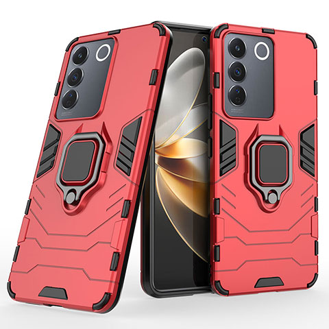 Funda Bumper Silicona y Plastico Mate Carcasa con Magnetico Anillo de dedo Soporte KC1 para Vivo V27e 5G Rojo