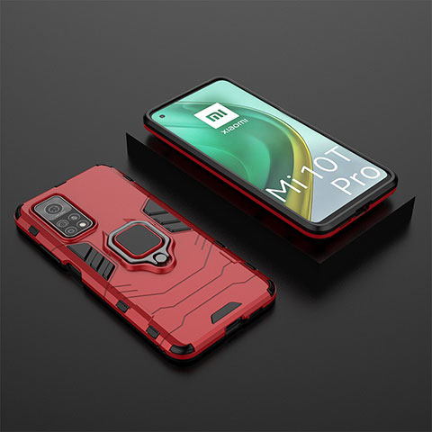 Funda Bumper Silicona y Plastico Mate Carcasa con Magnetico Anillo de dedo Soporte KC1 para Xiaomi Mi 10T 5G Rojo