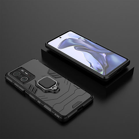 Funda Bumper Silicona y Plastico Mate Carcasa con Magnetico Anillo de dedo Soporte KC1 para Xiaomi Mi 11T 5G Negro