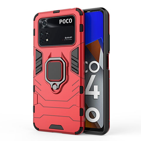 Funda Bumper Silicona y Plastico Mate Carcasa con Magnetico Anillo de dedo Soporte KC1 para Xiaomi Poco M4 Pro 4G Rojo