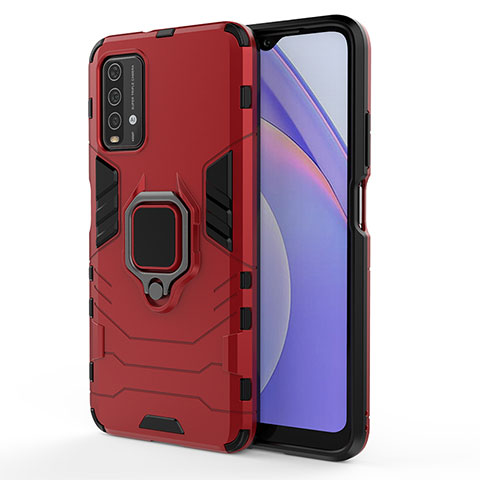 Funda Bumper Silicona y Plastico Mate Carcasa con Magnetico Anillo de dedo Soporte KC1 para Xiaomi Redmi 9 Power Rojo