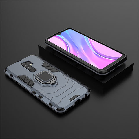 Funda Bumper Silicona y Plastico Mate Carcasa con Magnetico Anillo de dedo Soporte KC1 para Xiaomi Redmi 9 Prime India Azul