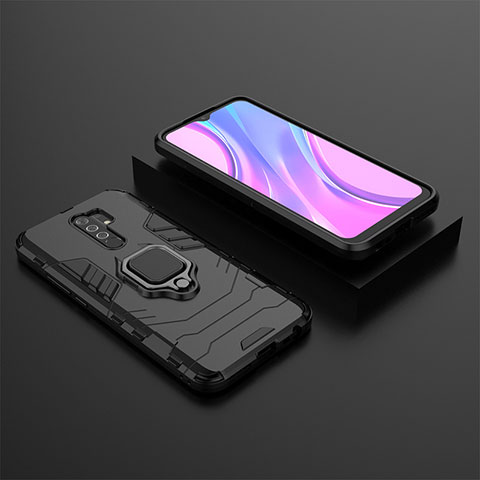 Funda Bumper Silicona y Plastico Mate Carcasa con Magnetico Anillo de dedo Soporte KC1 para Xiaomi Redmi 9 Prime India Negro