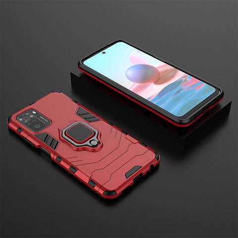 Funda Bumper Silicona y Plastico Mate Carcasa con Magnetico Anillo de dedo Soporte KC1 para Xiaomi Redmi Note 10 4G Rojo