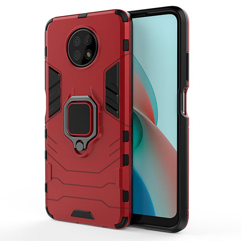 Funda Bumper Silicona y Plastico Mate Carcasa con Magnetico Anillo de dedo Soporte KC1 para Xiaomi Redmi Note 9T 5G Rojo