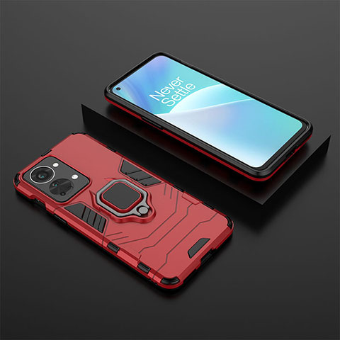 Funda Bumper Silicona y Plastico Mate Carcasa con Magnetico Anillo de dedo Soporte KC2 para OnePlus Nord 2T 5G Rojo