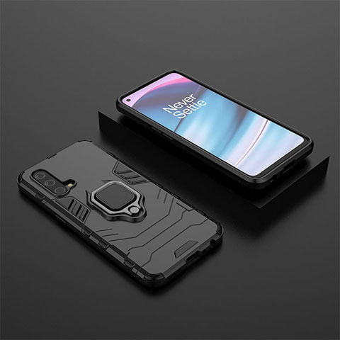 Funda Bumper Silicona y Plastico Mate Carcasa con Magnetico Anillo de dedo Soporte KC2 para OnePlus Nord CE 5G Negro