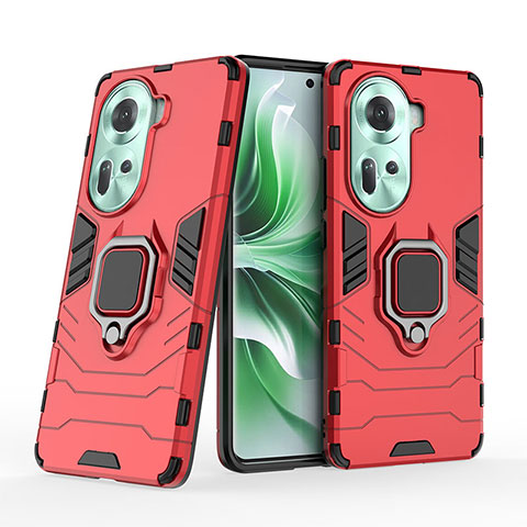 Funda Bumper Silicona y Plastico Mate Carcasa con Magnetico Anillo de dedo Soporte KC2 para Oppo Reno11 5G Rojo