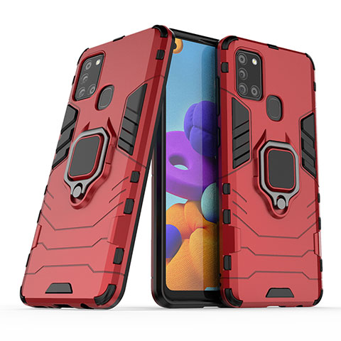 Funda Bumper Silicona y Plastico Mate Carcasa con Magnetico Anillo de dedo Soporte KC2 para Samsung Galaxy A21s Rojo