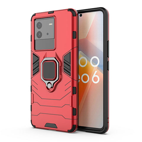 Funda Bumper Silicona y Plastico Mate Carcasa con Magnetico Anillo de dedo Soporte KC2 para Vivo iQOO Neo6 5G Rojo