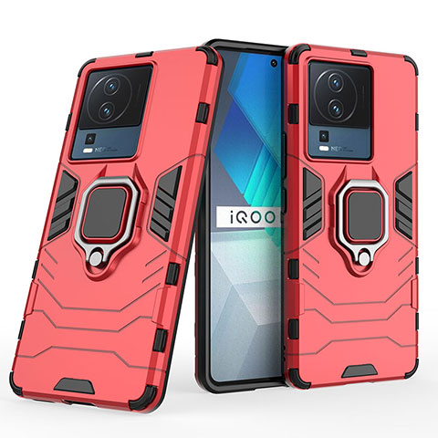 Funda Bumper Silicona y Plastico Mate Carcasa con Magnetico Anillo de dedo Soporte KC2 para Vivo iQOO Neo7 SE Rojo