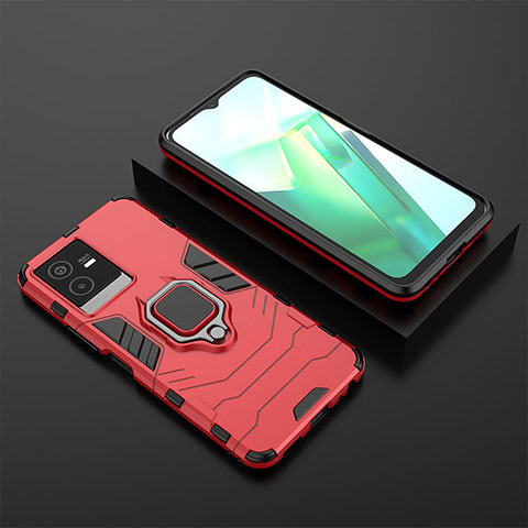 Funda Bumper Silicona y Plastico Mate Carcasa con Magnetico Anillo de dedo Soporte KC2 para Vivo iQOO Z6x Rojo