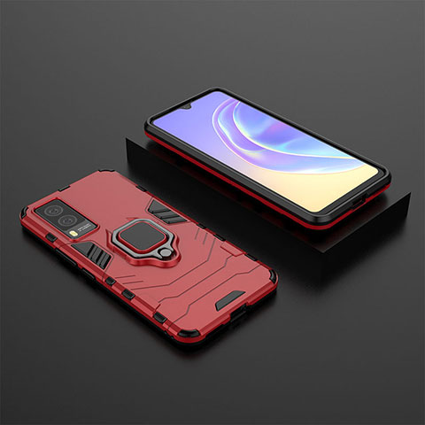 Funda Bumper Silicona y Plastico Mate Carcasa con Magnetico Anillo de dedo Soporte KC2 para Vivo V21e 5G Rojo