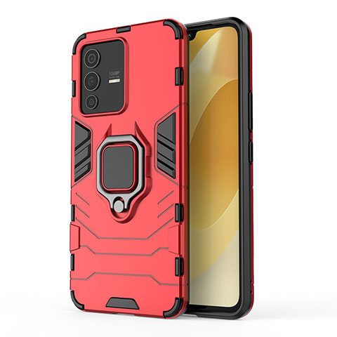 Funda Bumper Silicona y Plastico Mate Carcasa con Magnetico Anillo de dedo Soporte KC2 para Vivo V23 5G Rojo