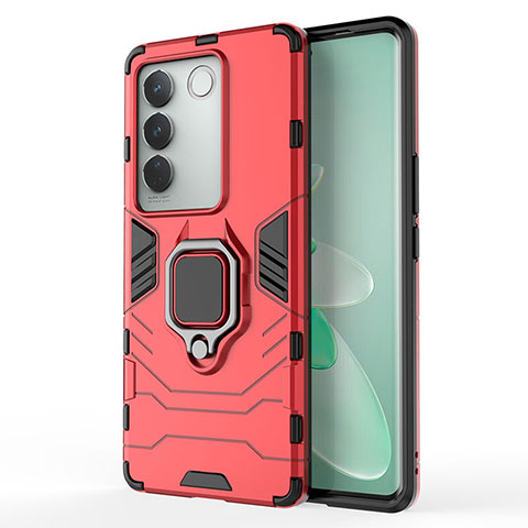 Funda Bumper Silicona y Plastico Mate Carcasa con Magnetico Anillo de dedo Soporte KC2 para Vivo V27 Pro 5G Rojo