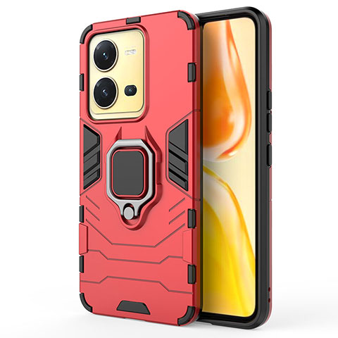 Funda Bumper Silicona y Plastico Mate Carcasa con Magnetico Anillo de dedo Soporte KC2 para Vivo X80 Lite 5G Rojo