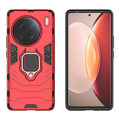 Funda Bumper Silicona y Plastico Mate Carcasa con Magnetico Anillo de dedo Soporte KC2 para Vivo X90 Pro+ Plus 5G Rojo