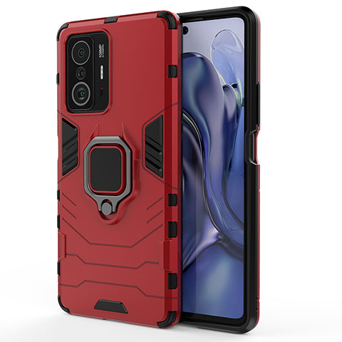 Funda Bumper Silicona y Plastico Mate Carcasa con Magnetico Anillo de dedo Soporte KC2 para Xiaomi Mi 11T 5G Rojo