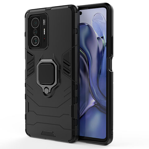 Funda Bumper Silicona y Plastico Mate Carcasa con Magnetico Anillo de dedo Soporte KC2 para Xiaomi Mi 11T Pro 5G Negro