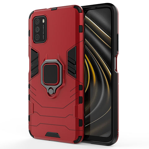 Funda Bumper Silicona y Plastico Mate Carcasa con Magnetico Anillo de dedo Soporte KC2 para Xiaomi Poco M3 Rojo