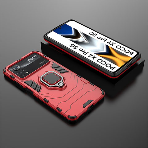 Funda Bumper Silicona y Plastico Mate Carcasa con Magnetico Anillo de dedo Soporte KC2 para Xiaomi Redmi Note 11E Pro 5G Rojo