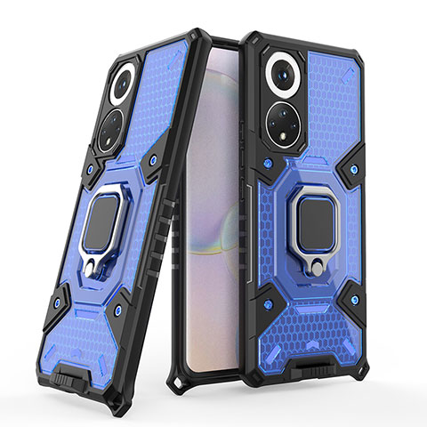 Funda Bumper Silicona y Plastico Mate Carcasa con Magnetico Anillo de dedo Soporte KC3 para Huawei Honor 50 5G Azul