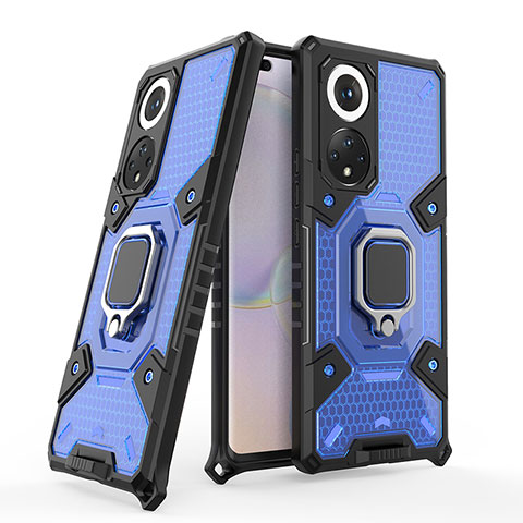 Funda Bumper Silicona y Plastico Mate Carcasa con Magnetico Anillo de dedo Soporte KC3 para Huawei Honor 50 Pro 5G Azul