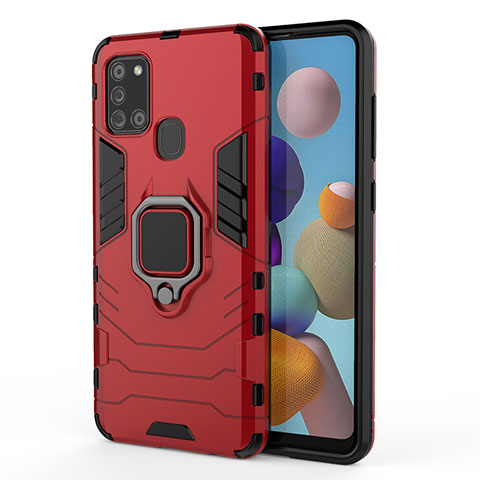 Funda Bumper Silicona y Plastico Mate Carcasa con Magnetico Anillo de dedo Soporte KC3 para Samsung Galaxy A21s Rojo