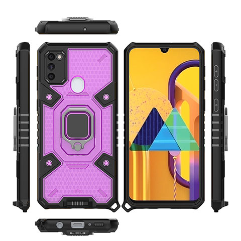 Funda Bumper Silicona y Plastico Mate Carcasa con Magnetico Anillo de dedo Soporte KC3 para Samsung Galaxy M30s Morado