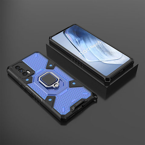 Funda Bumper Silicona y Plastico Mate Carcasa con Magnetico Anillo de dedo Soporte KC3 para Vivo iQOO 7 India 5G Azul