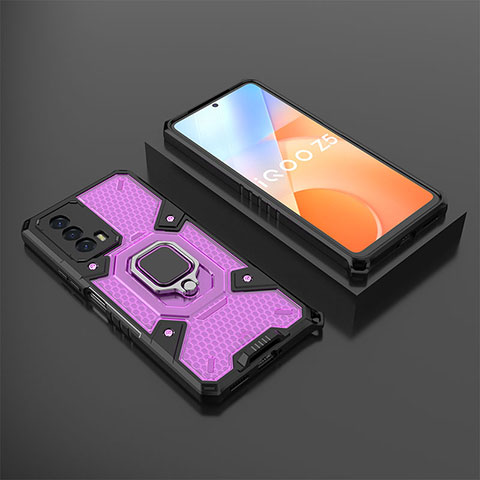 Funda Bumper Silicona y Plastico Mate Carcasa con Magnetico Anillo de dedo Soporte KC3 para Vivo iQOO Z5 5G Morado