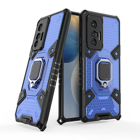 Funda Bumper Silicona y Plastico Mate Carcasa con Magnetico Anillo de dedo Soporte KC3 para Vivo X70 5G Azul