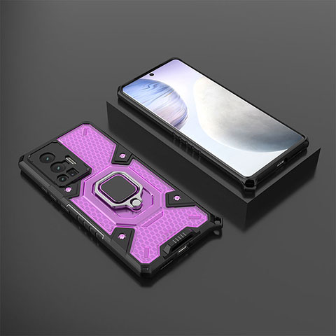 Funda Bumper Silicona y Plastico Mate Carcasa con Magnetico Anillo de dedo Soporte KC3 para Vivo X70 Pro 5G Morado