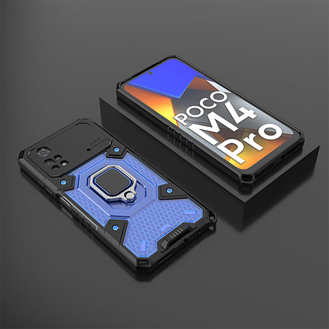 Funda Bumper Silicona y Plastico Mate Carcasa con Magnetico Anillo de dedo Soporte KC3 para Xiaomi Poco M4 Pro 4G Azul