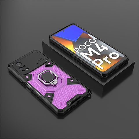 Funda Bumper Silicona y Plastico Mate Carcasa con Magnetico Anillo de dedo Soporte KC3 para Xiaomi Poco M4 Pro 4G Morado