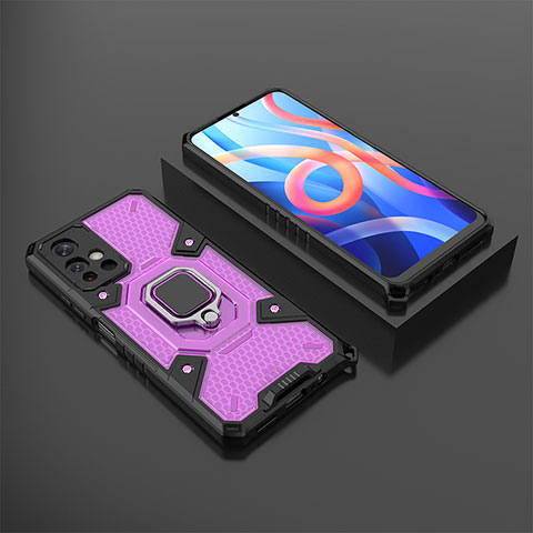 Funda Bumper Silicona y Plastico Mate Carcasa con Magnetico Anillo de dedo Soporte KC3 para Xiaomi Poco M4 Pro 5G Morado