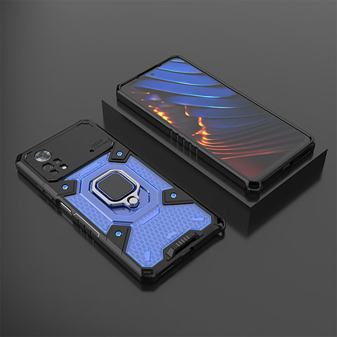 Funda Bumper Silicona y Plastico Mate Carcasa con Magnetico Anillo de dedo Soporte KC3 para Xiaomi Redmi Note 11E Pro 5G Azul